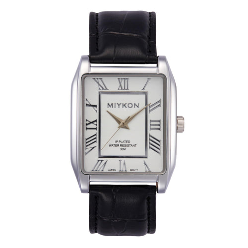 Classic Rectangular Black Genuine Leather Strap Watches for Men - 38mm Ion-Polished Men Watches with Scratch Resistant Glass - 100ft Water Resistant Mens Wrist Watches (Silver Case White Dial Roman Numerals)